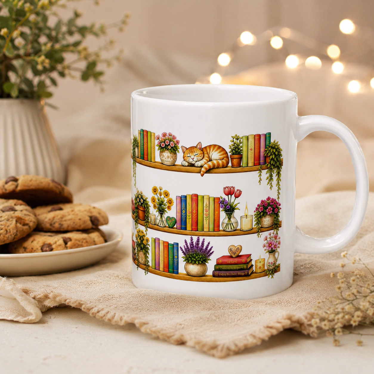 Cozy Bookshelf Mug — 'LOVE' Floral Shelves with Cat & Plants (11oz)