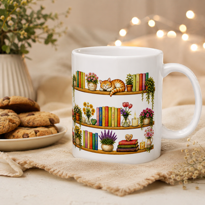 Cozy Bookshelf Mug — 'LOVE' Floral Shelves with Cat & Plants (11oz)