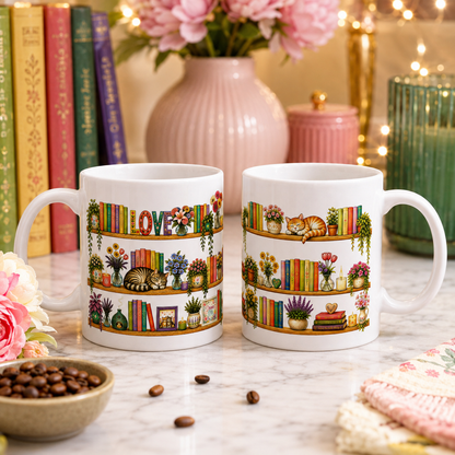 Cozy Bookshelf Mug — 'LOVE' Floral Shelves with Cat & Plants (11oz)
