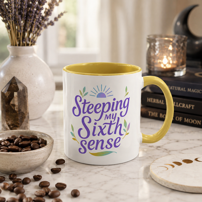 Steeping My Sixth Sense – Fun and Herby Tea Lover Mug (Pink Accent, 11oz & 15oz)