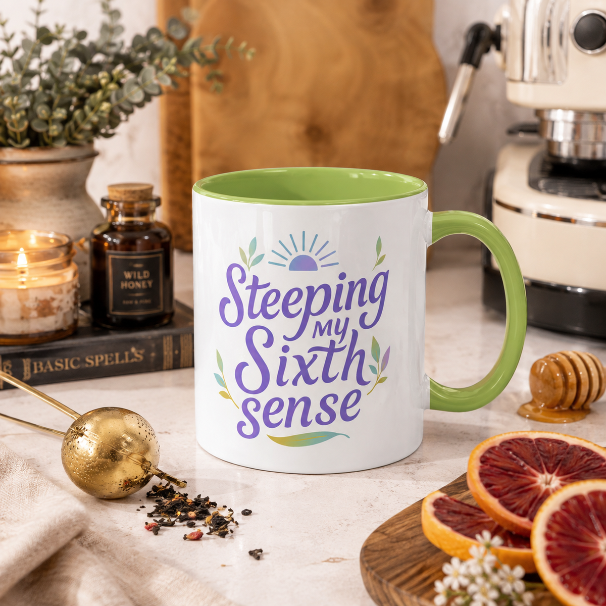 Steeping My Sixth Sense – Fun and Herby Tea Lover Mug (Pink Accent, 11oz & 15oz)
