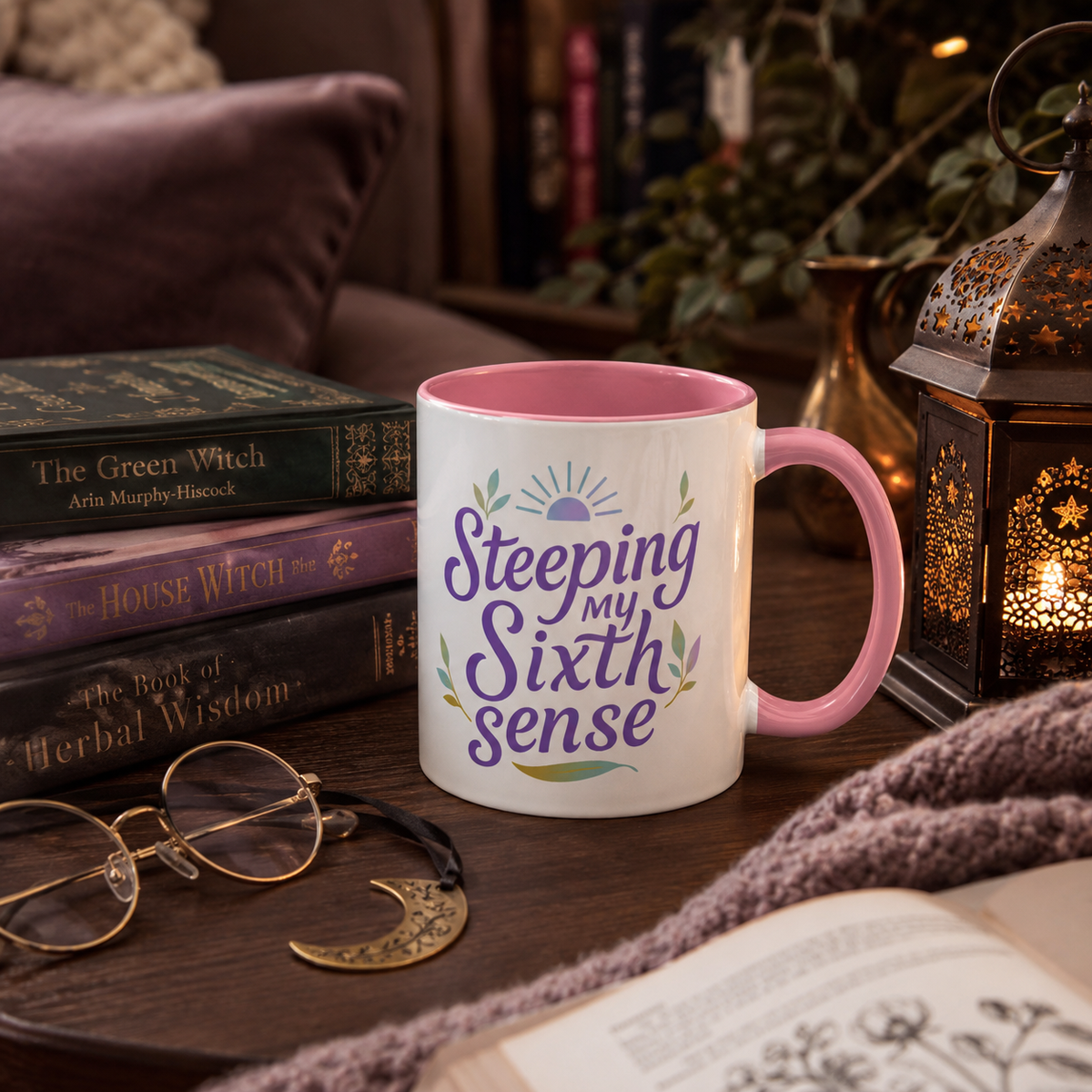 Steeping My Sixth Sense – Fun and Herby Tea Lover Mug (Pink Accent, 11oz & 15oz)