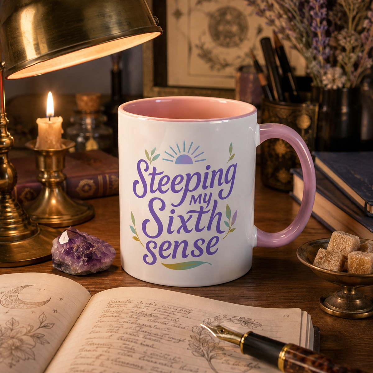 Steeping My Sixth Sense – Fun and Herby Tea Lover Mug (Pink Accent, 11oz & 15oz)