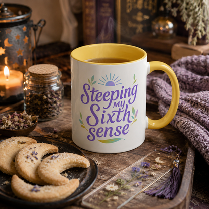 Steeping My Sixth Sense – Fun and Herby Tea Lover Mug (Pink Accent, 11oz & 15oz)