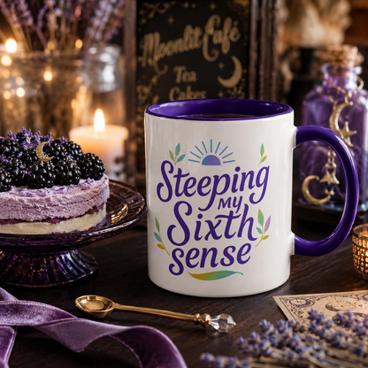 Steeping My Sixth Sense – Fun and Herby Tea Lover Mug (Pink Accent, 11oz & 15oz)
