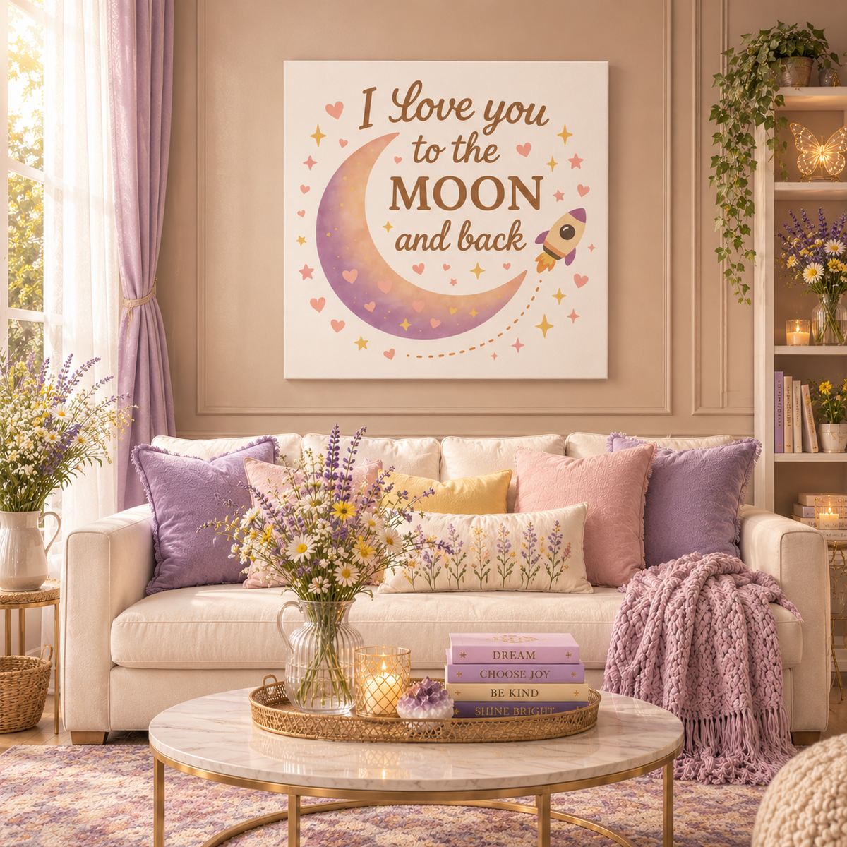 I Love You to the Moon and Back – Adorable Pastel Moon & Rocket Wall Art (Eco-friendly Canvas)
