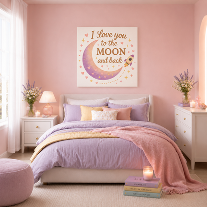 I Love You to the Moon and Back – Adorable Pastel Moon & Rocket Wall Art (Eco-friendly Canvas)