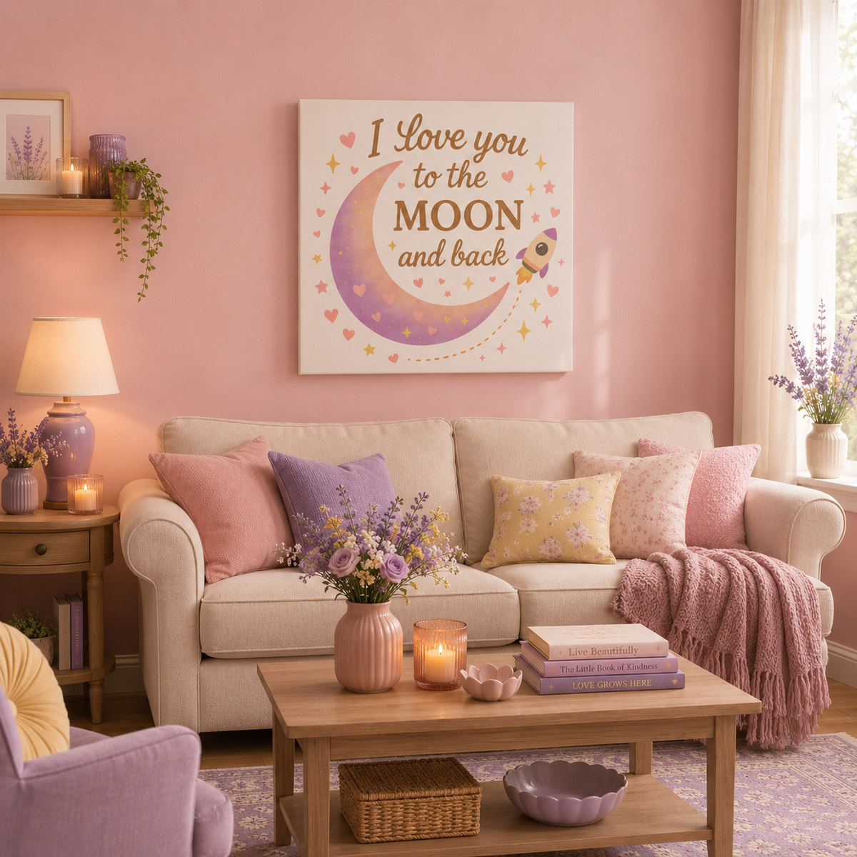 I Love You to the Moon and Back – Adorable Pastel Moon & Rocket Wall Art (Eco-friendly Canvas)