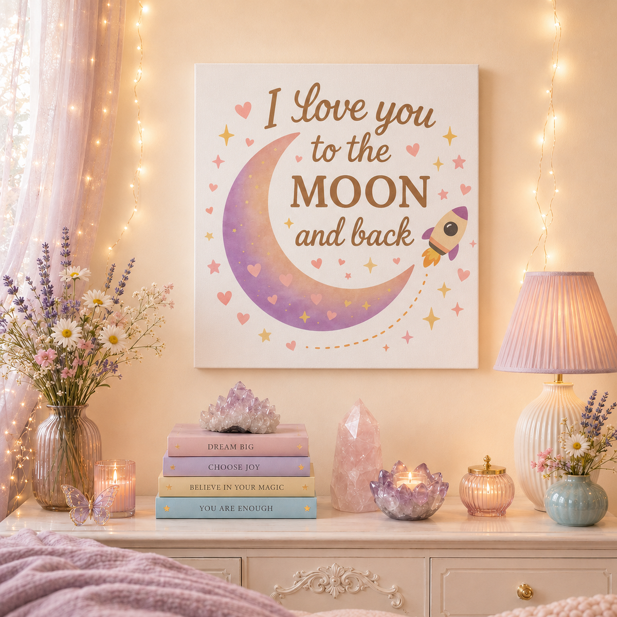 I Love You to the Moon and Back – Adorable Pastel Moon & Rocket Wall Art (Eco-friendly Canvas)