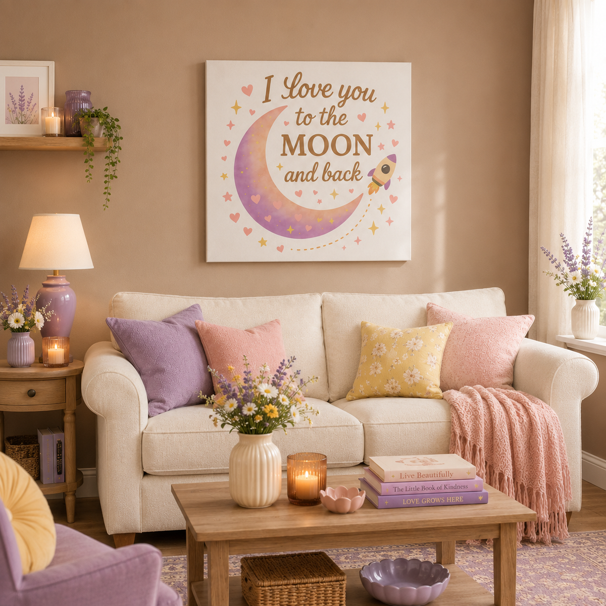 I Love You to the Moon and Back – Adorable Pastel Moon & Rocket Wall Art (Eco-friendly Canvas)