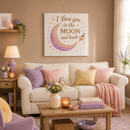 I Love You to the Moon and Back – Adorable Pastel Moon & Rocket Wall Art (Eco-friendly Canvas)