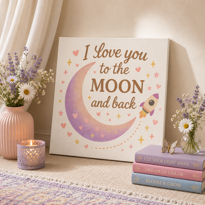 I Love You to the Moon and Back – Adorable Pastel Moon & Rocket Wall Art (Eco-friendly Canvas)