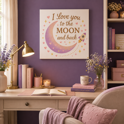 I Love You to the Moon and Back – Adorable Pastel Moon & Rocket Wall Art (Eco-friendly Canvas)