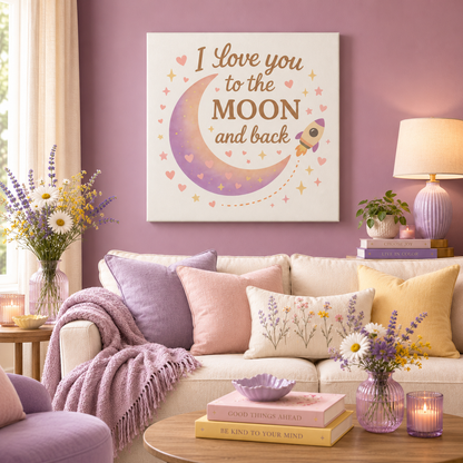 I Love You to the Moon and Back – Adorable Pastel Moon & Rocket Wall Art (Eco-friendly Canvas)