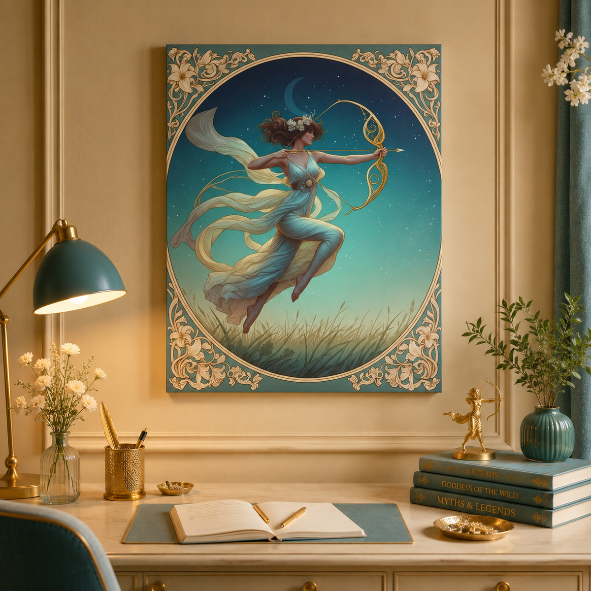 Artemis Under the Stars – Art Nouveau Goddess Canvas Wall Art