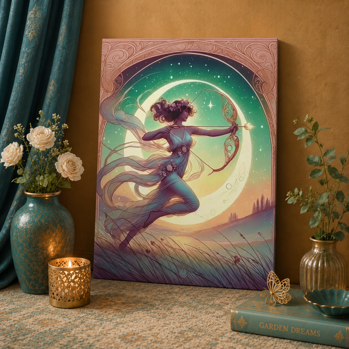 Artemis Rising – Celestial Archer Art Nouveau | Canvas Wall Art