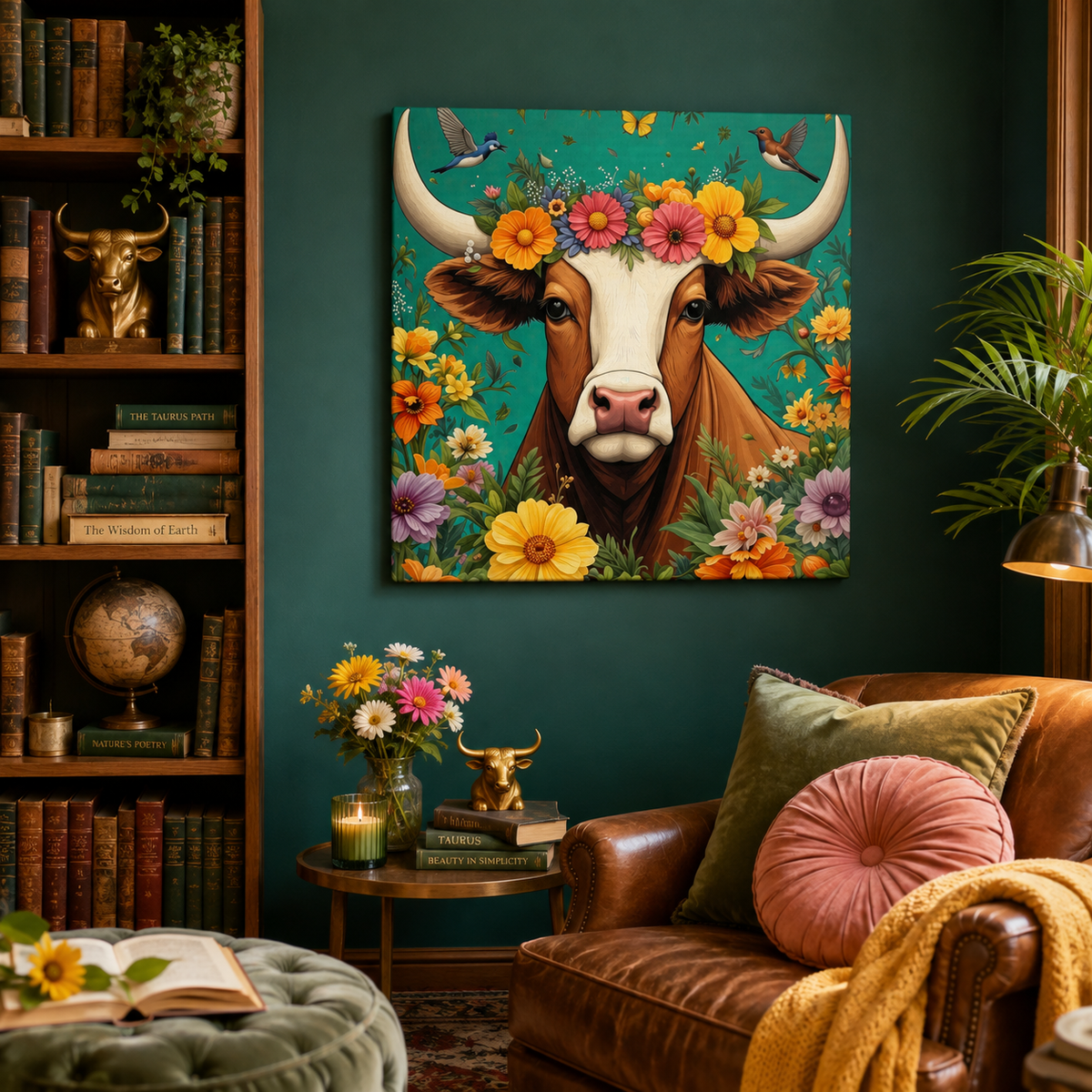 Bull in Bloom – Colorful Floral Taurus Wall Art on Eco-friendly Canvas