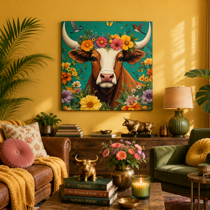 Bull in Bloom – Colorful Floral Taurus Wall Art on Eco-friendly Canvas