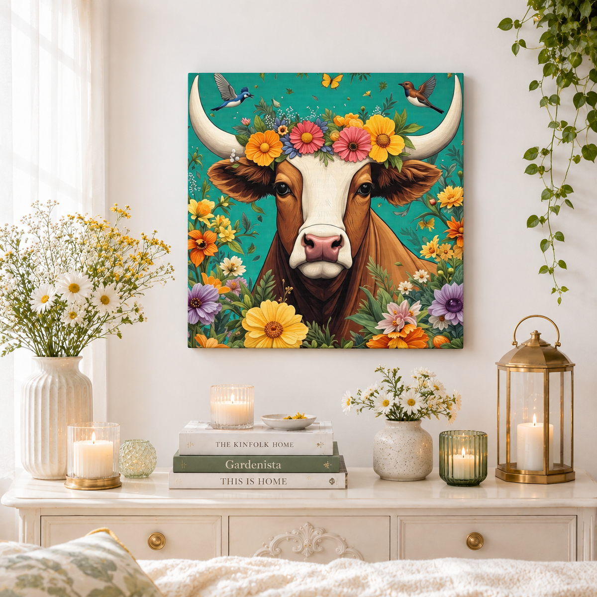 Bull in Bloom – Colorful Floral Taurus Wall Art on Eco-friendly Canvas