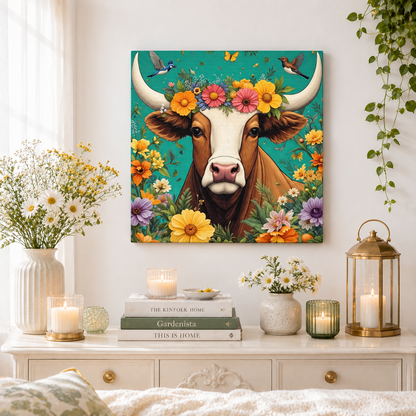 Bull in Bloom – Colorful Floral Taurus Wall Art on Eco-friendly Canvas