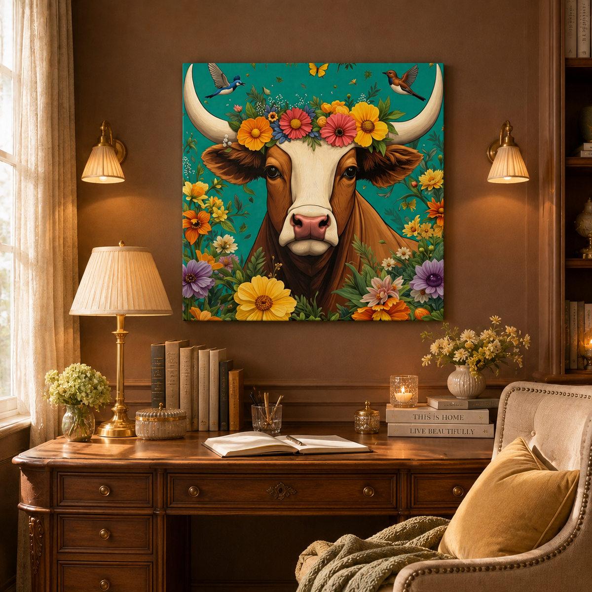 Bull in Bloom – Colorful Floral Taurus Wall Art on Eco-friendly Canvas