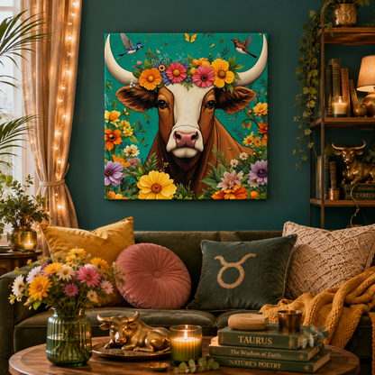 Bull in Bloom – Colorful Floral Taurus Wall Art on Eco-friendly Canvas