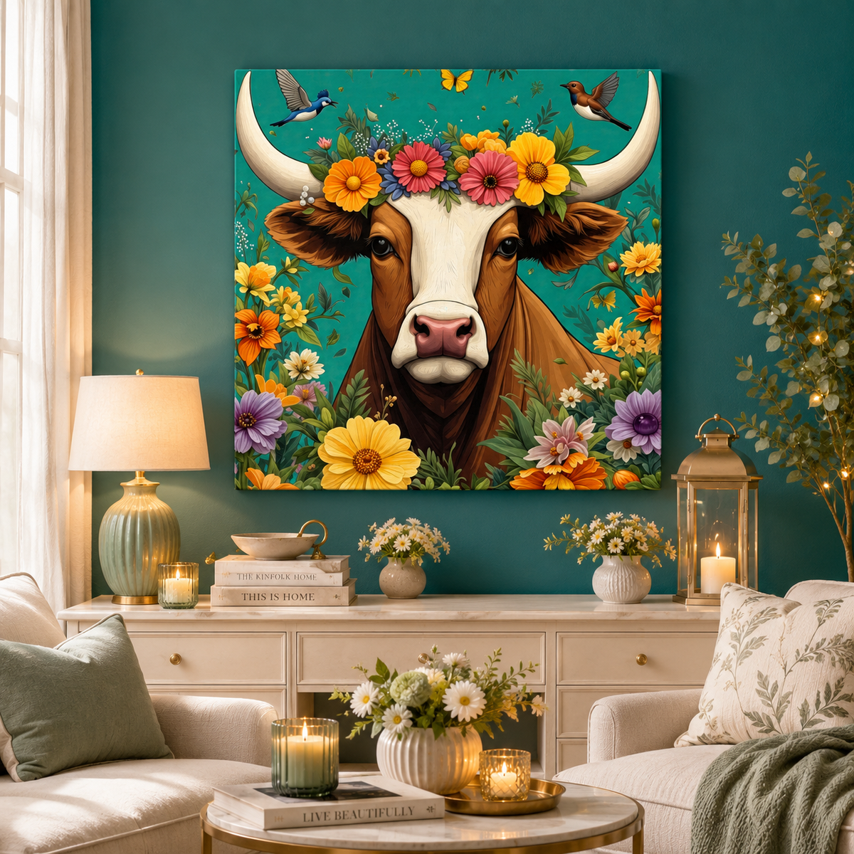 Bull in Bloom – Colorful Floral Taurus Wall Art on Eco-friendly Canvas