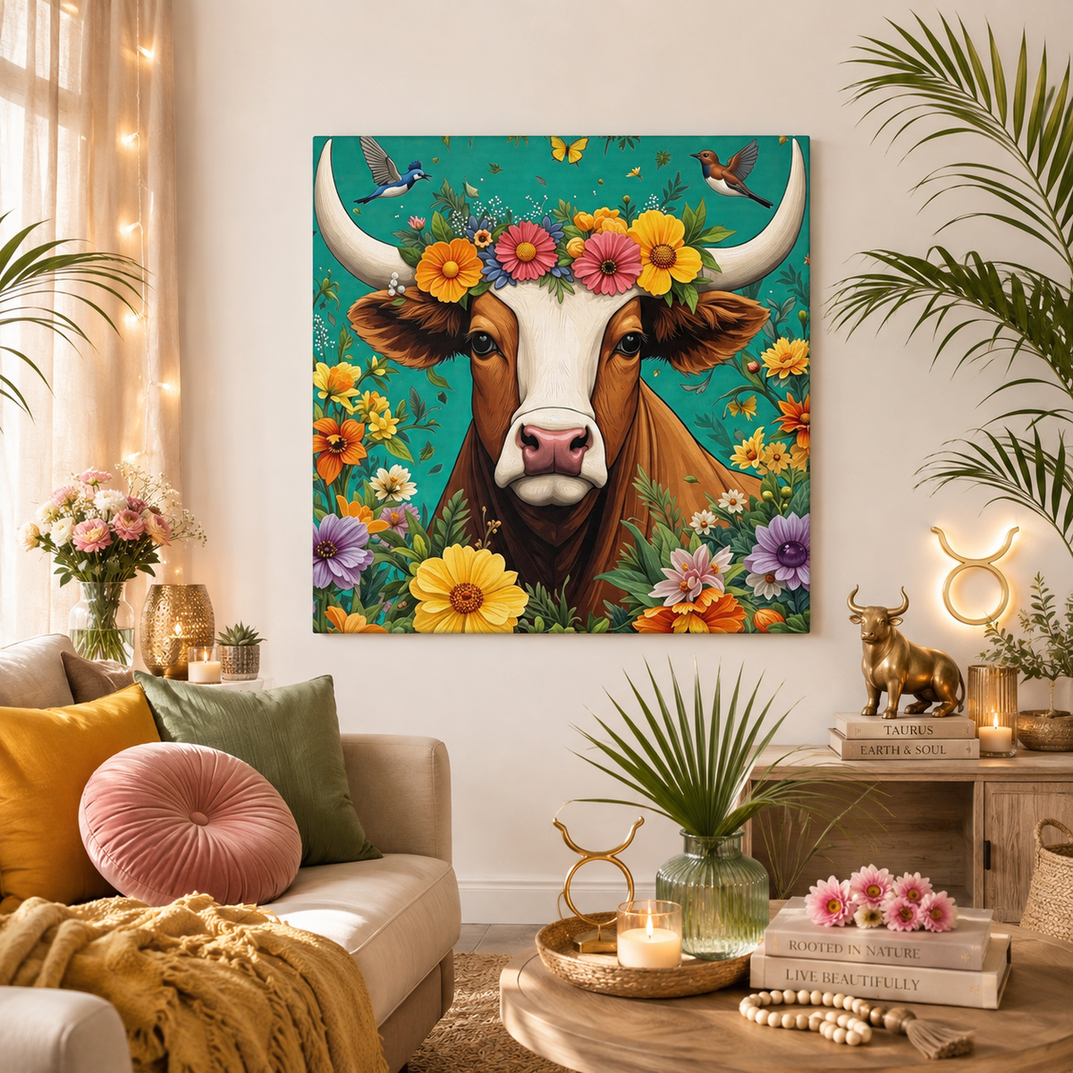 Bull in Bloom – Colorful Floral Taurus Wall Art on Eco-friendly Canvas