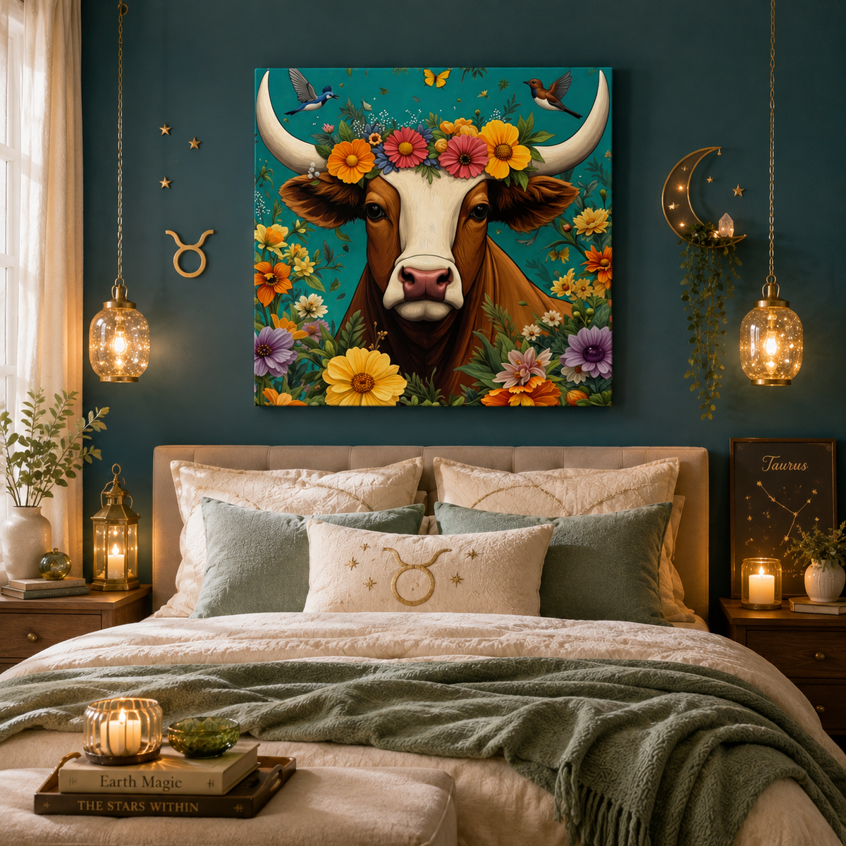 Bull in Bloom – Colorful Floral Taurus Wall Art on Eco-friendly Canvas
