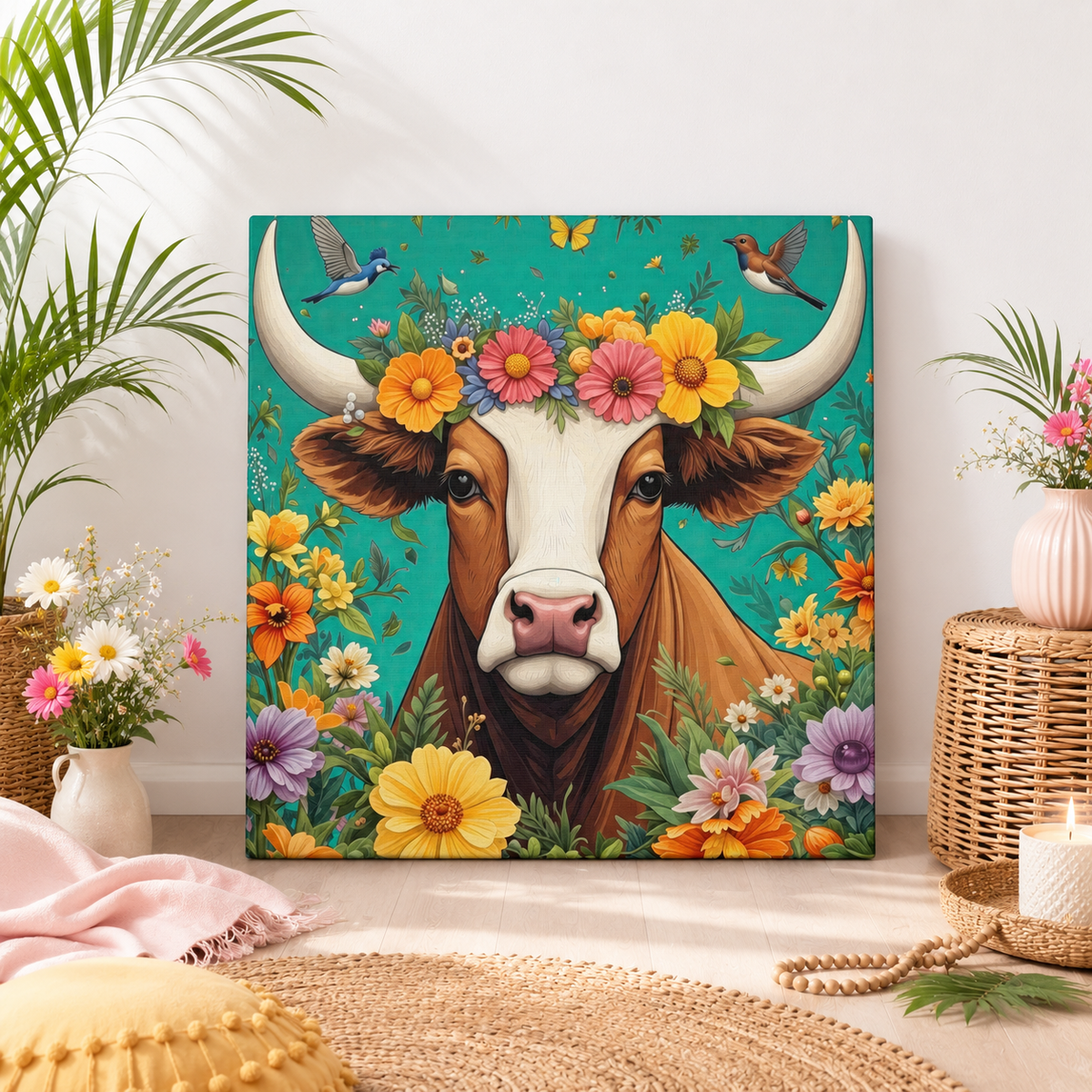 Bull in Bloom – Colorful Floral Taurus Wall Art on Eco-friendly Canvas