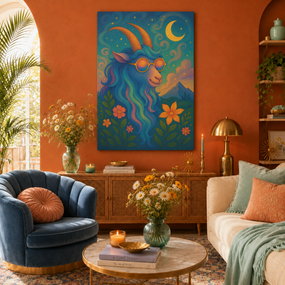 Capricorn Dreams – Radiant Retro Goat Canvas Wall Art