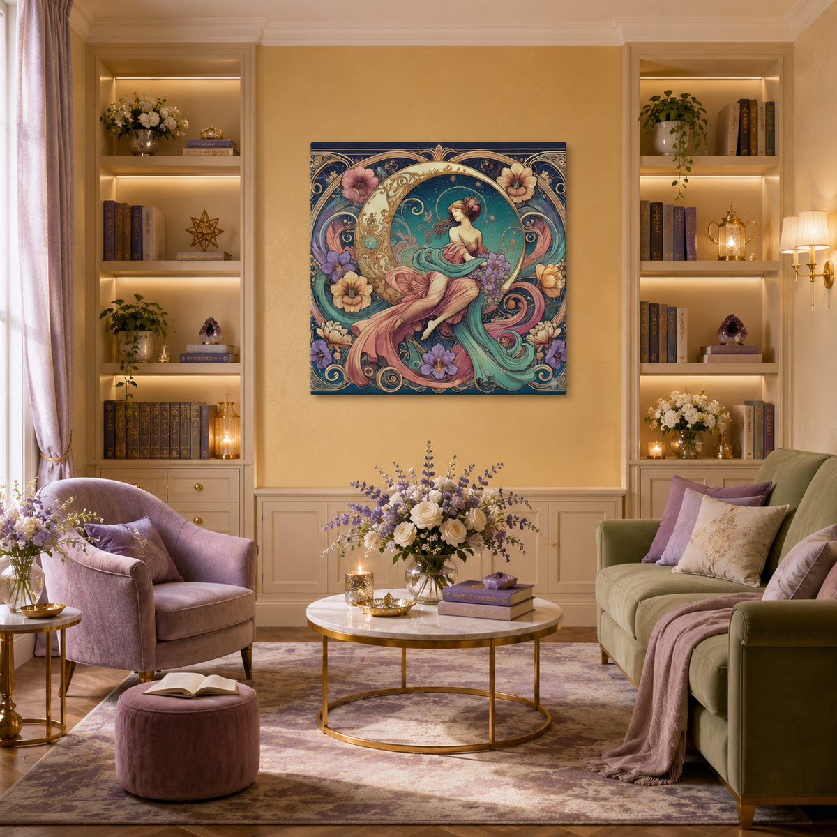 Floral Moon Muse – Art Nouveau Goddess Canvas Wall Art