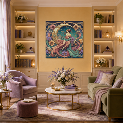 Floral Moon Muse – Art Nouveau Goddess Canvas Wall Art