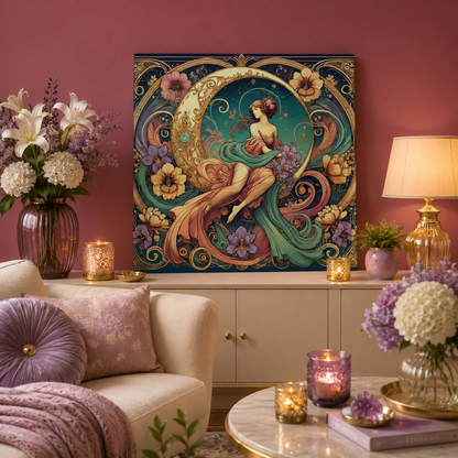 Floral Moon Muse – Art Nouveau Goddess Canvas Wall Art