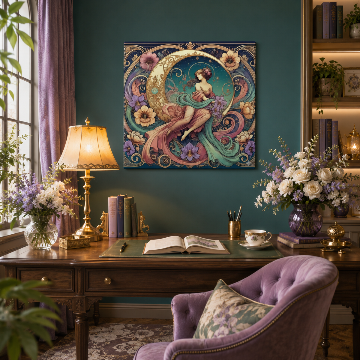 Floral Moon Muse – Art Nouveau Goddess Canvas Wall Art