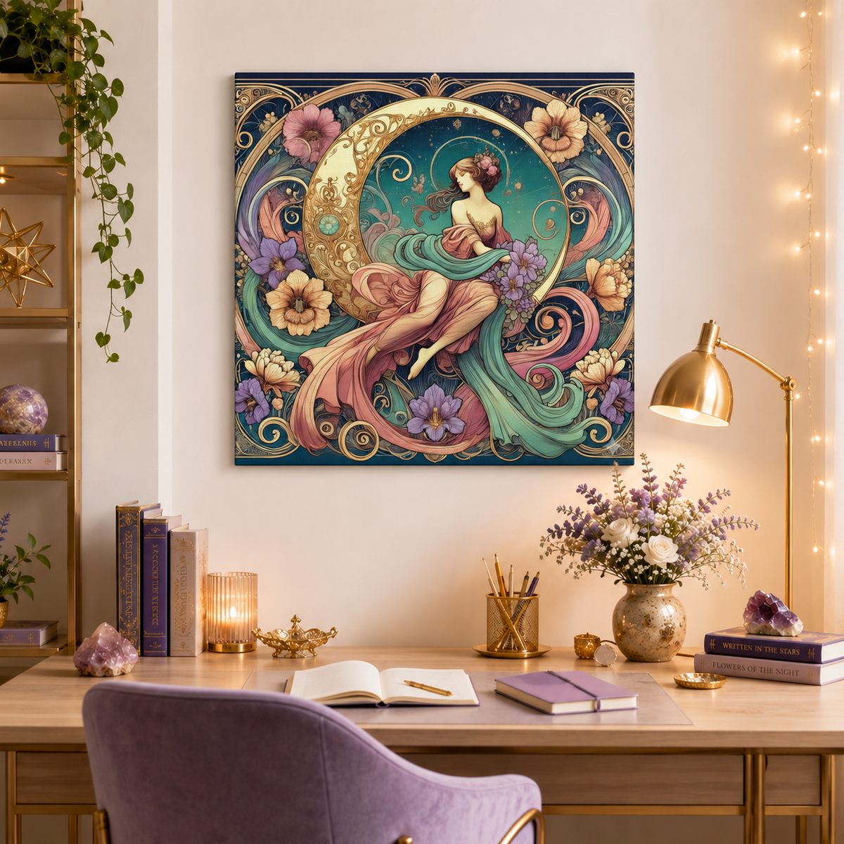 Floral Moon Muse – Art Nouveau Goddess Canvas Wall Art