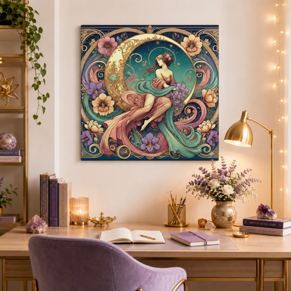 Floral Moon Muse – Art Nouveau Goddess Canvas Wall Art