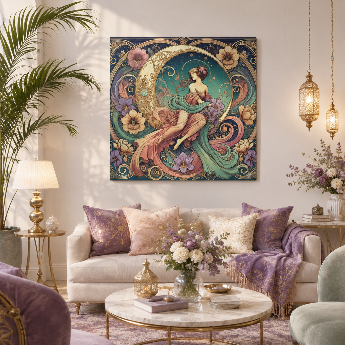Floral Moon Muse – Art Nouveau Goddess Canvas Wall Art