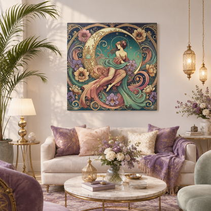 Floral Moon Muse – Art Nouveau Goddess Canvas Wall Art