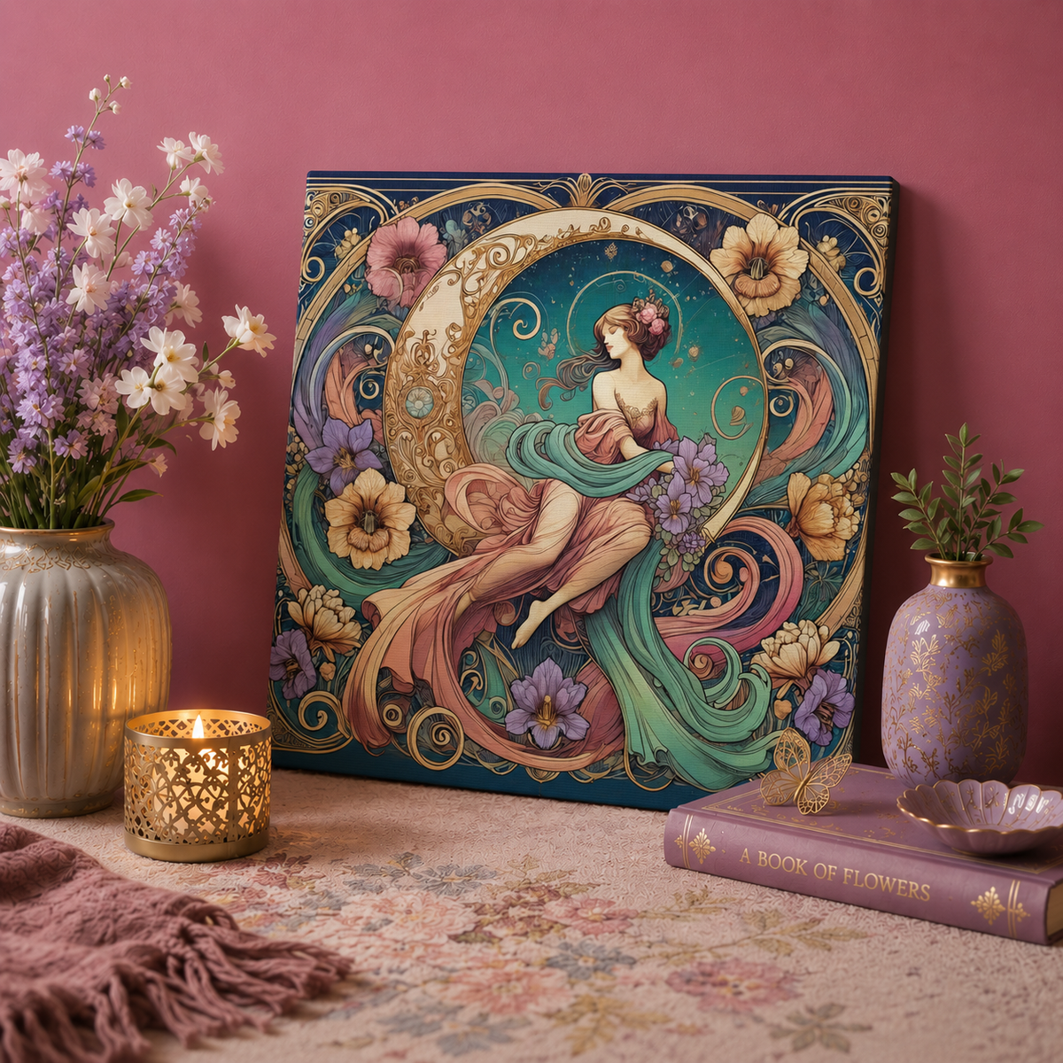 Floral Moon Muse – Art Nouveau Goddess Canvas Wall Art