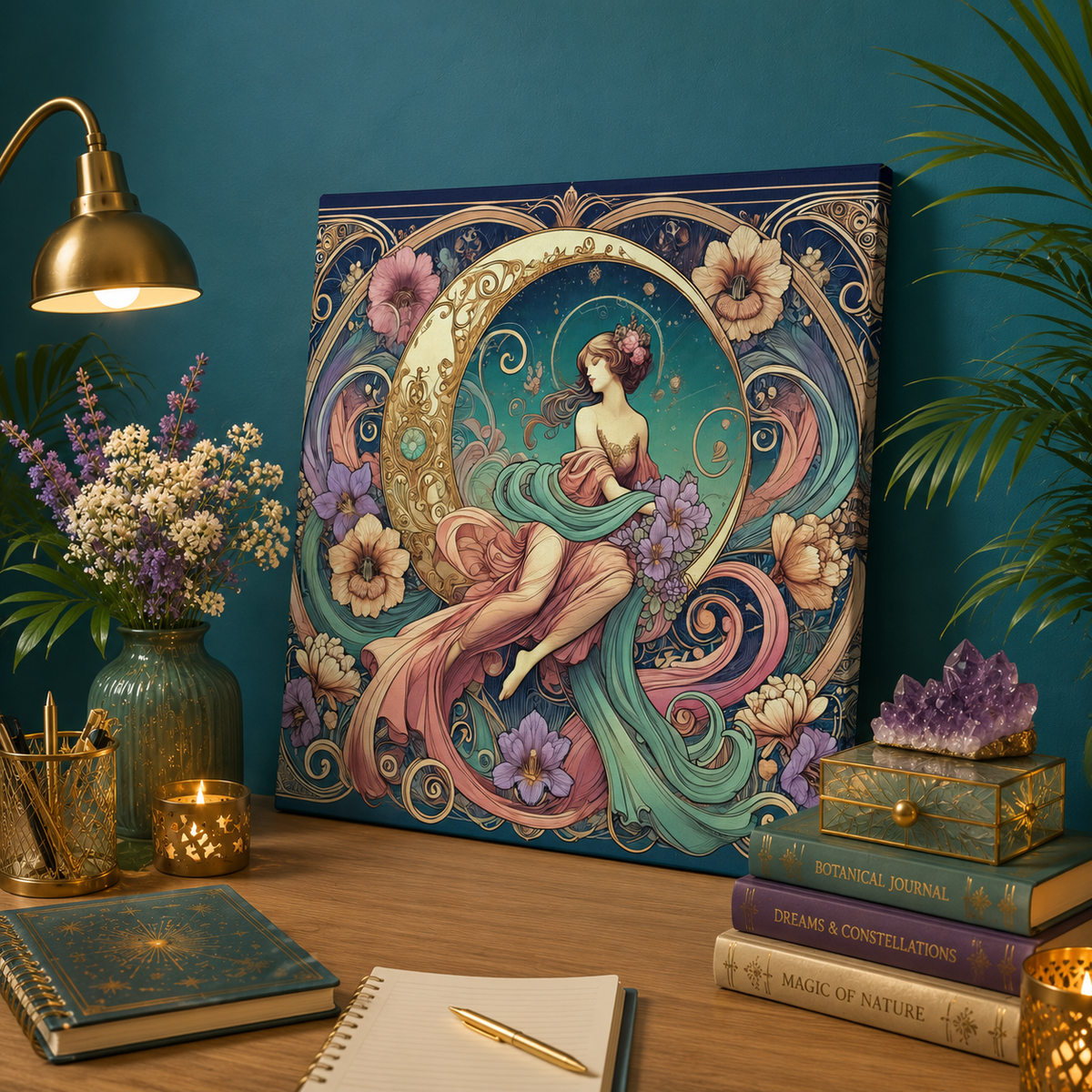 Floral Moon Muse – Art Nouveau Goddess Canvas Wall Art