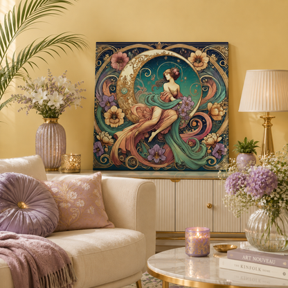 Floral Moon Muse – Art Nouveau Goddess Canvas Wall Art