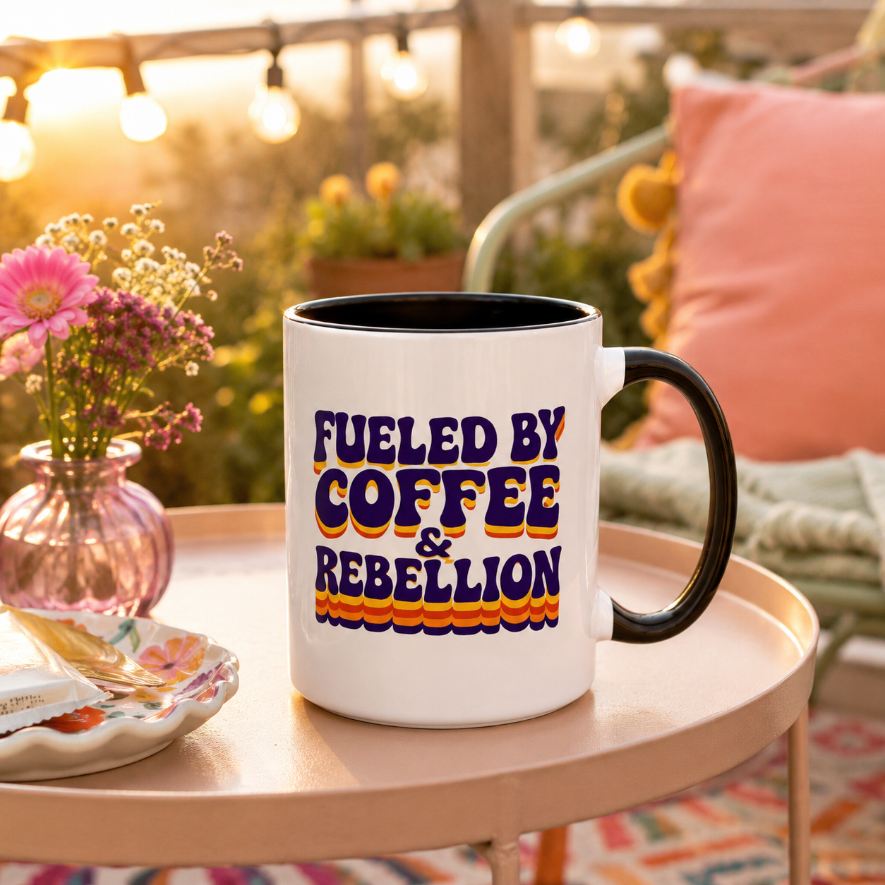 Fueled by Coffee & Rebellion – Funny Retro Mug (Color Accent, 11oz & 15oz)