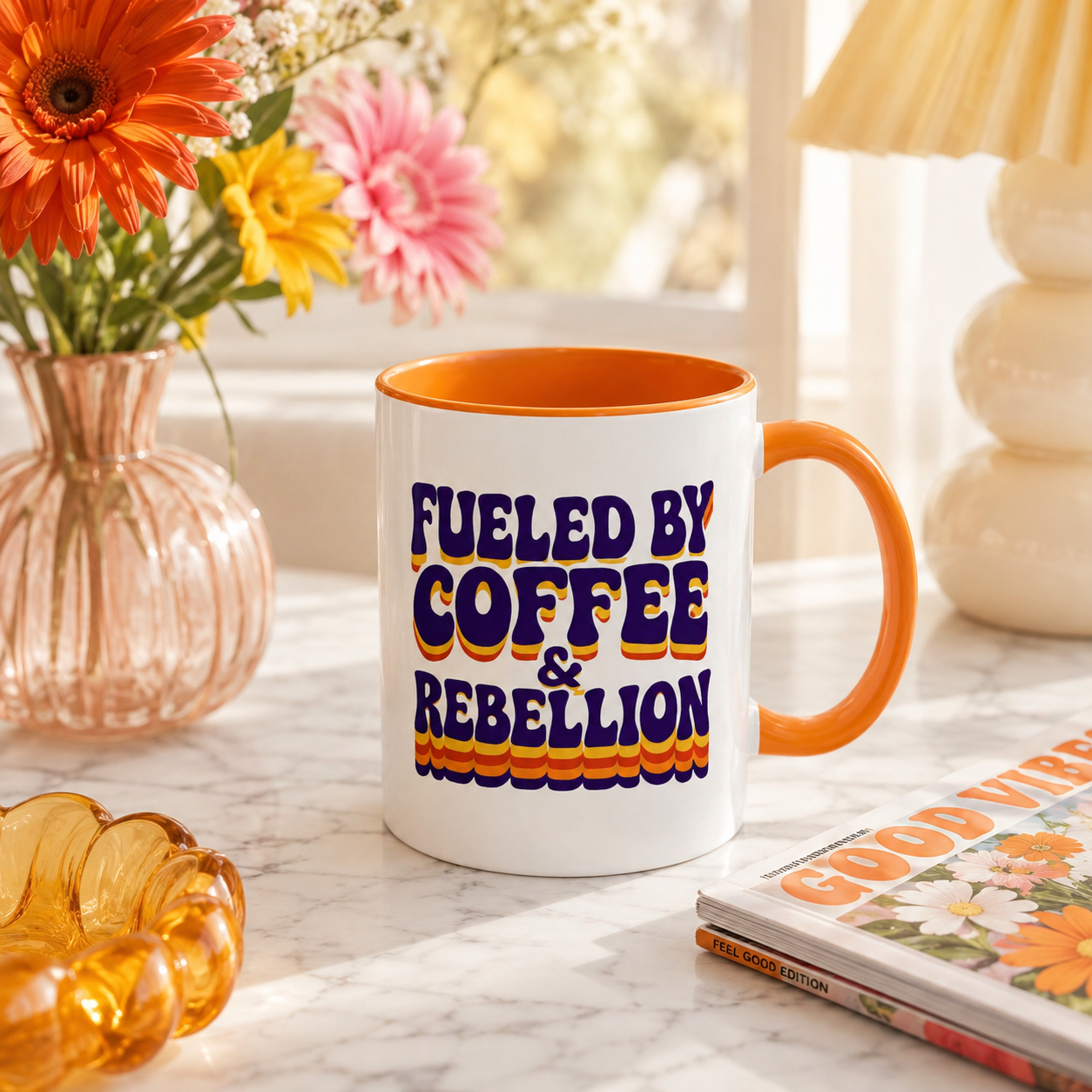 Fueled by Coffee & Rebellion – Funny Retro Mug (Color Accent, 11oz & 15oz)