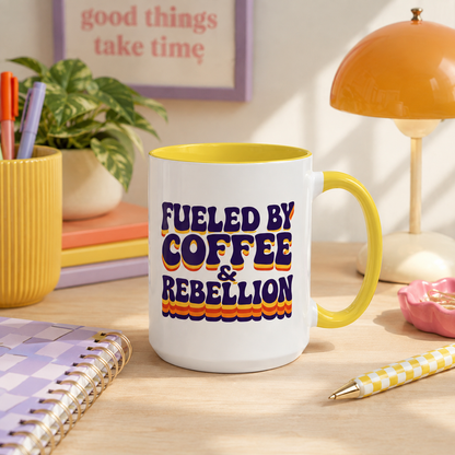 Fueled by Coffee & Rebellion – Funny Retro Mug (Color Accent, 11oz & 15oz)