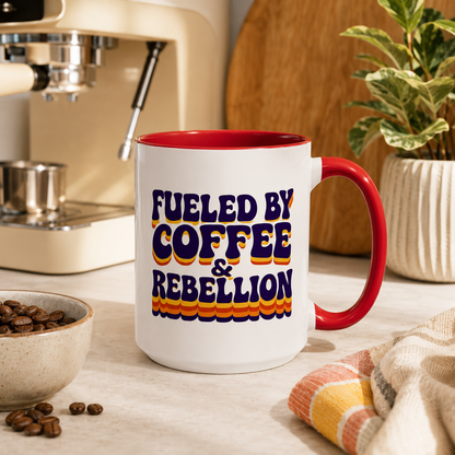 Fueled by Coffee & Rebellion – Funny Retro Mug (Color Accent, 11oz & 15oz)
