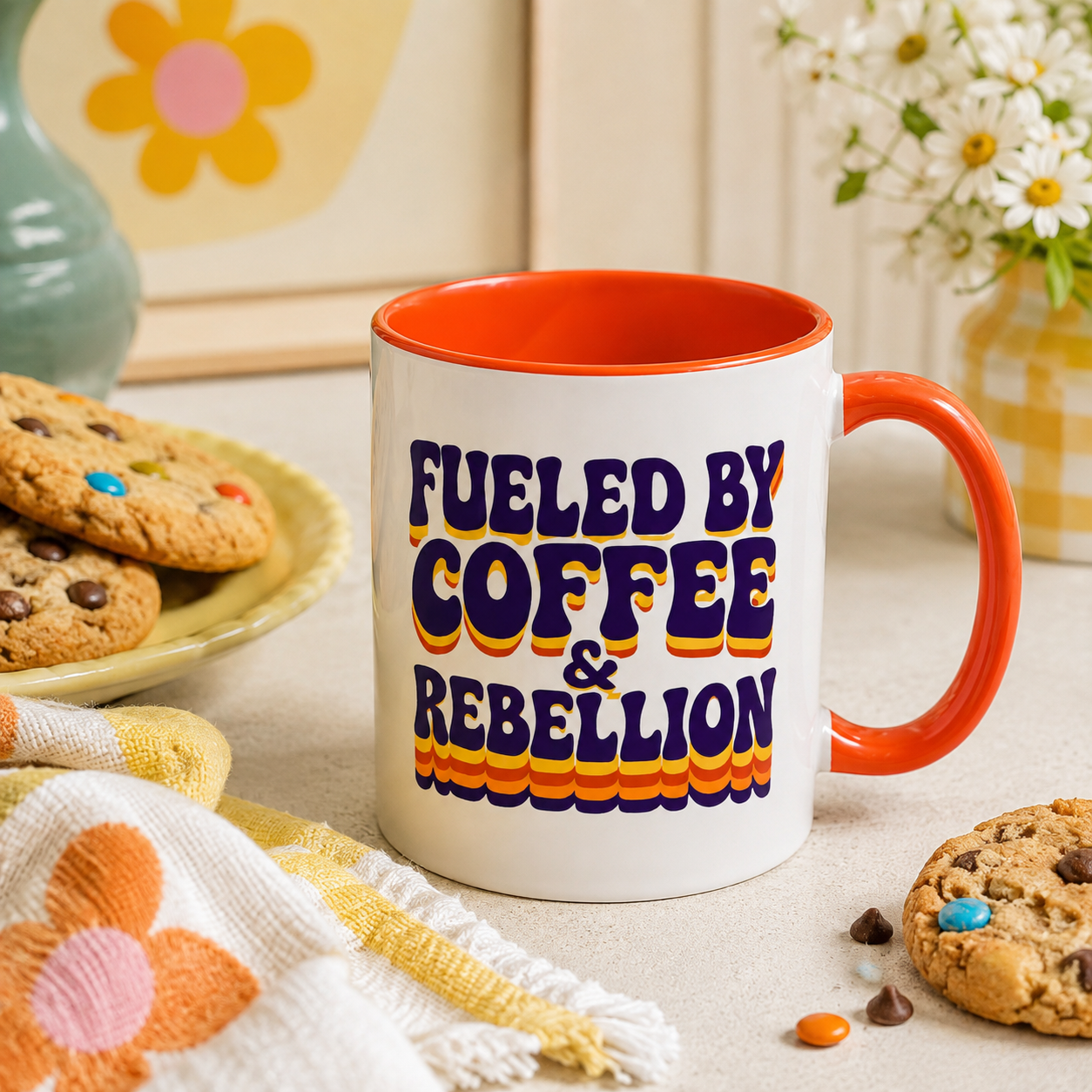 Fueled by Coffee & Rebellion – Funny Retro Mug (Color Accent, 11oz & 15oz)