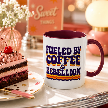 Fueled by Coffee & Rebellion – Funny Retro Mug (Color Accent, 11oz & 15oz)