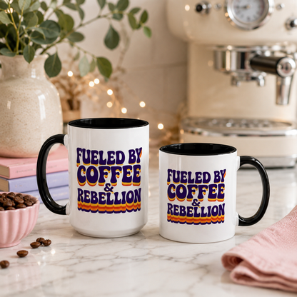 Fueled by Coffee & Rebellion – Funny Retro Mug (Color Accent, 11oz & 15oz)