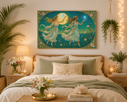Gemini Zodiac Wall Art, Art Nouveau Gemini Canvas Print, Astrology Home Decor, Gemini Gift for Her, Celestial Twins Painting, Star Sign Wall Decor